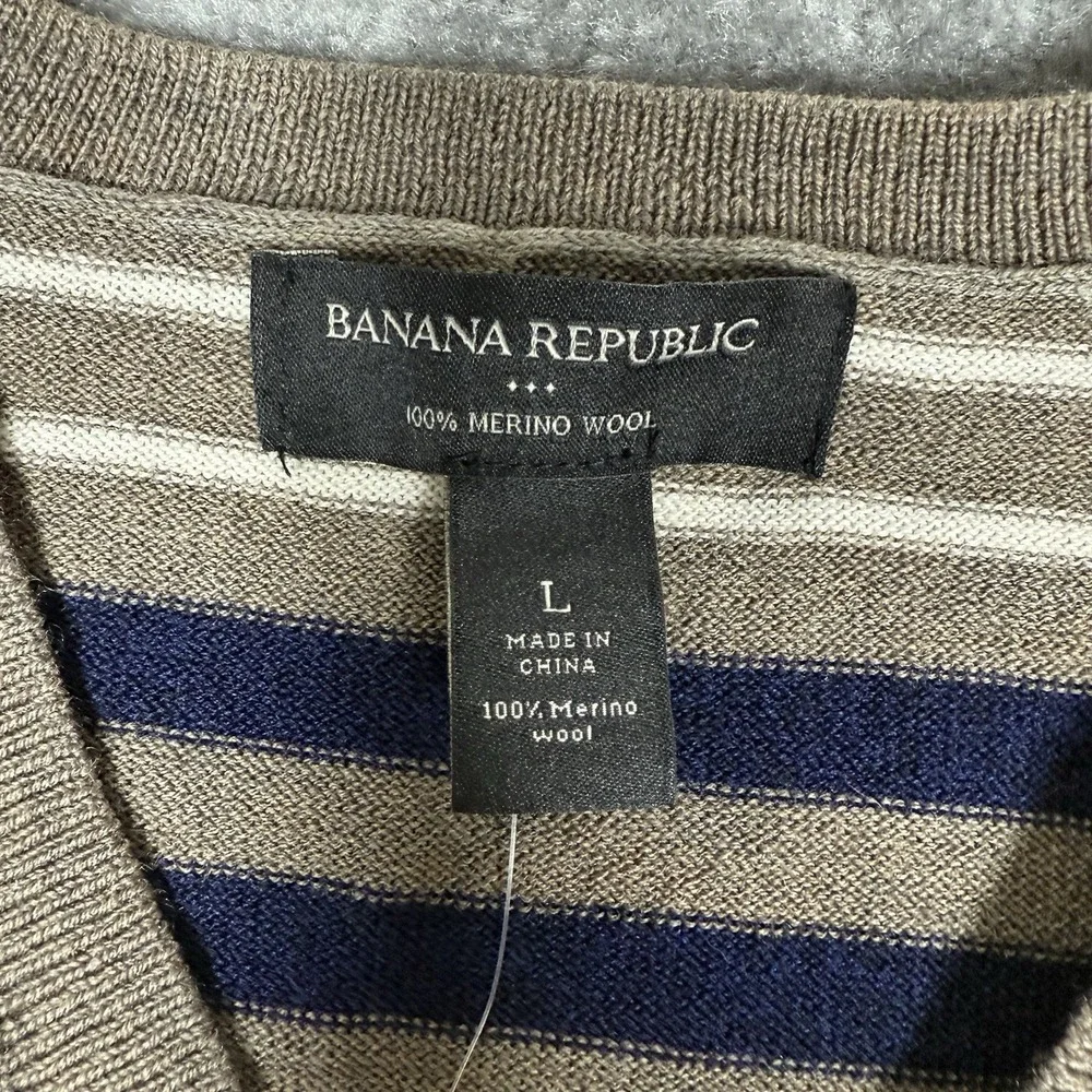 Banana Republic Sweater‎ Men's Large Brown Blue Striped Merino Wool Long Sleeve